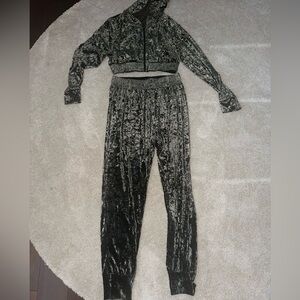 Crushed velvet Naked Wardrobe joggers set in olive green.